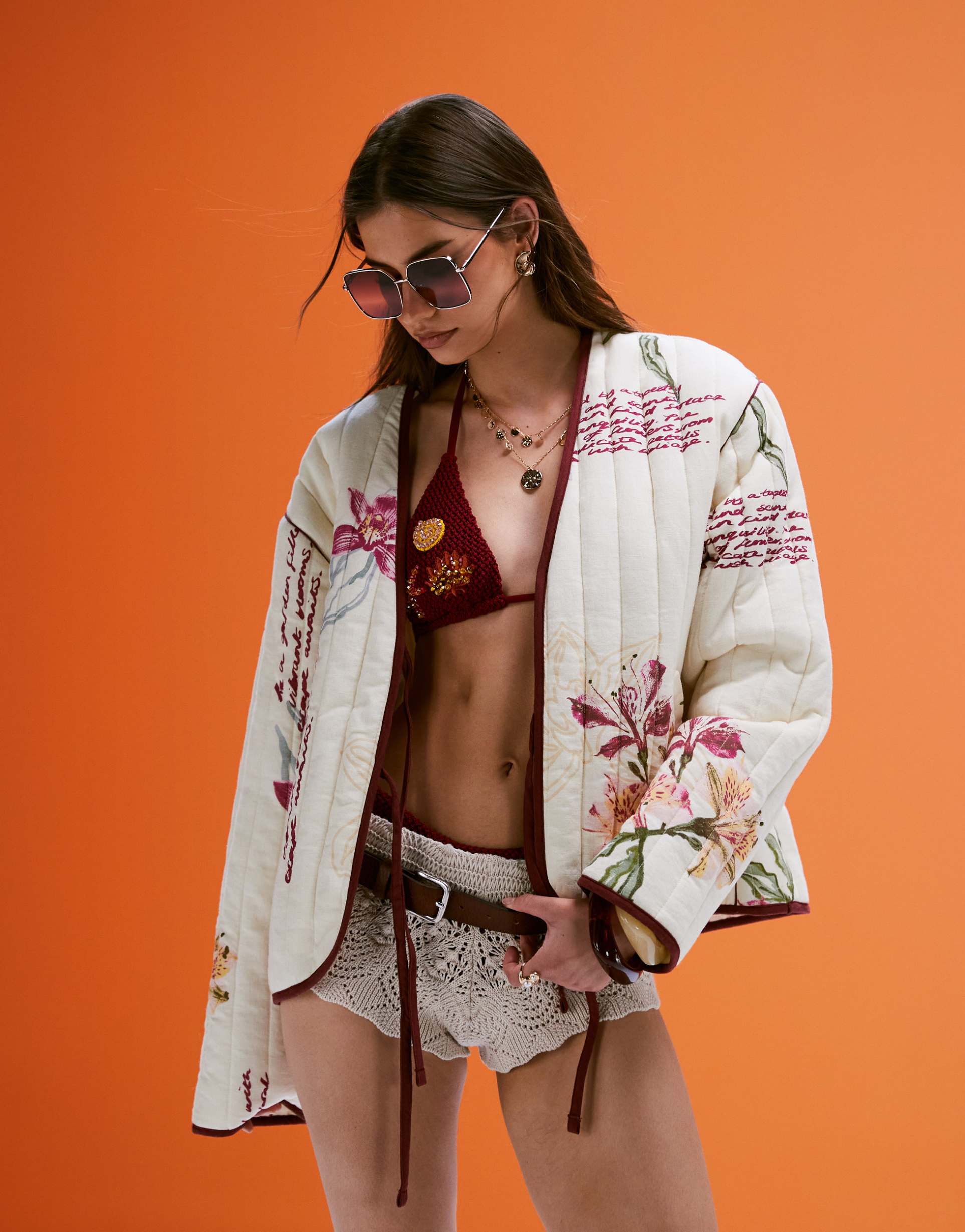 asos design tie front quilted jacket in floral print