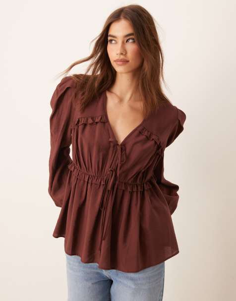 ASOS DESIGN tie front ruched detail top in brown - view 1