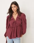 [ASOS DESIGN] ASOS DESIGN tie front ruched detail top in burgundy-Red M BURGUNDY