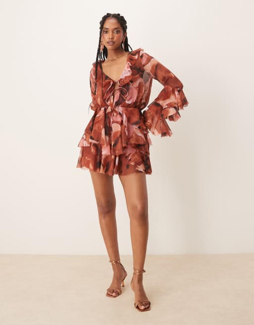ASOS DESIGN tie front ruffle detail long sleeve playsuit in abstract print, 2 of 4