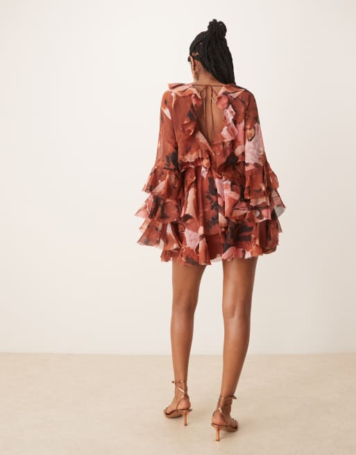 ASOS DESIGN tie front ruffle detail long sleeve playsuit in abstract print, 4 of 4