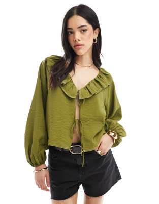 Asos Design Tie Front Ruffle Detail Smock Top In Green