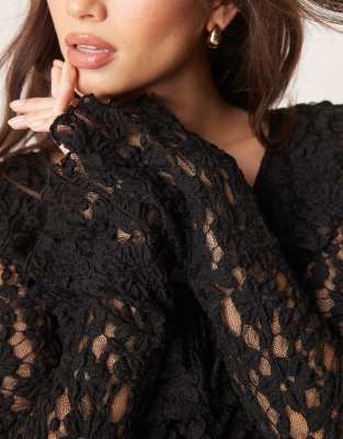 Asos Design Tie Front Ruffle Detail Textured Lace Top In Black