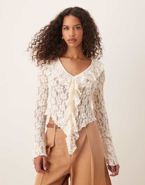 ASOS DESIGN tie front ruffle detail textured lace top in cream - view 1