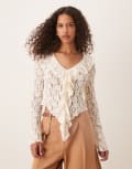 [ASOS DESIGN] ASOS DESIGN tie front ruffle detail textured lace top in cream-Pink XS Cream