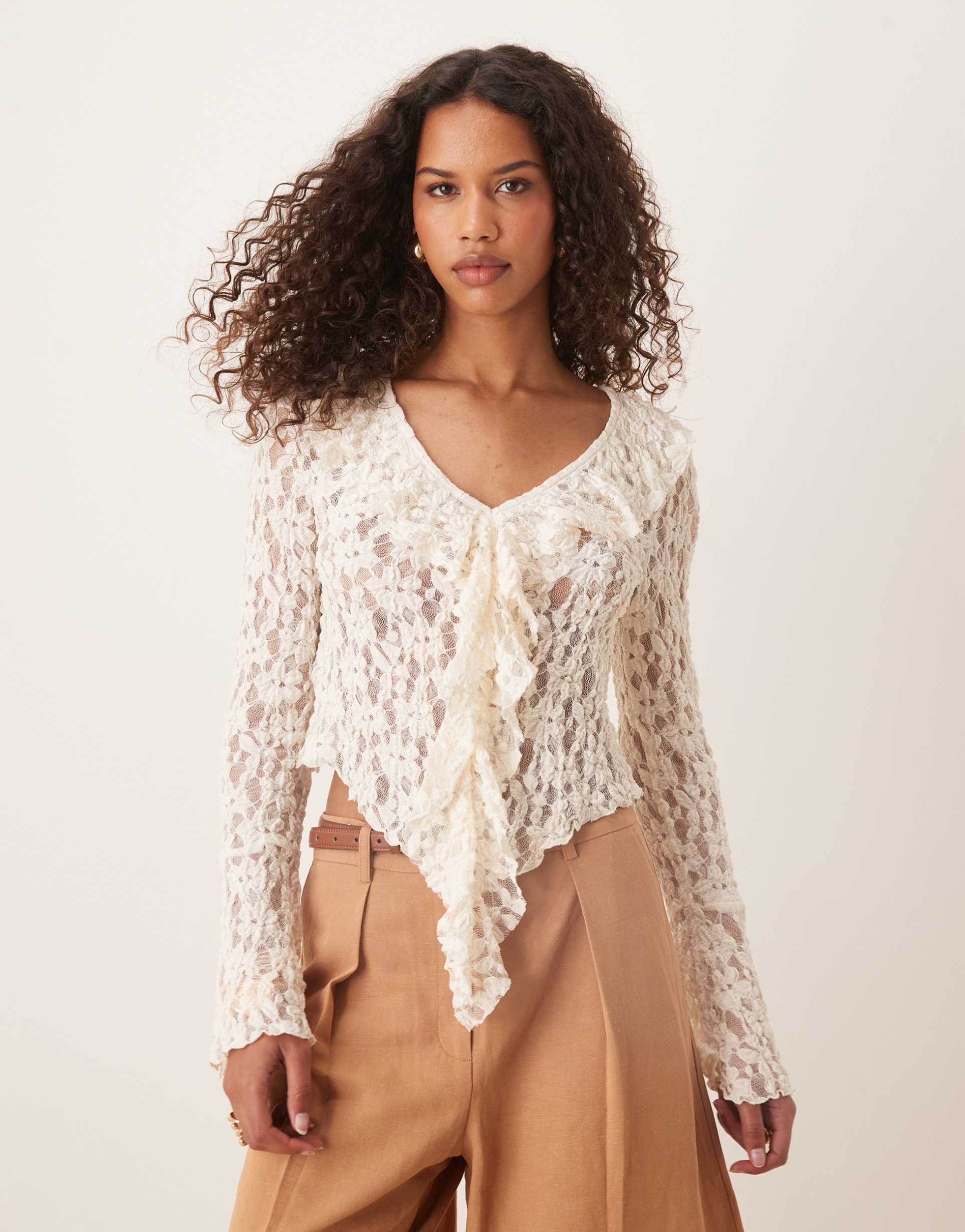 asos design tie front ruffle detail textured lace top in cream
