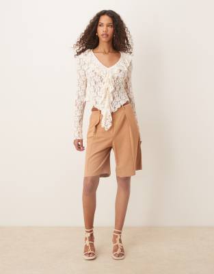 Asos Design Tie Front Ruffle Detail Textured Lace Top