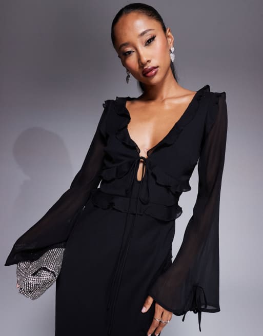ASOS DESIGN tie front ruffle midaxi dress with high low hem
