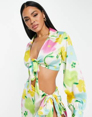 ASOS DESIGN tie front satin beach shirt co ord in floral print | ASOS