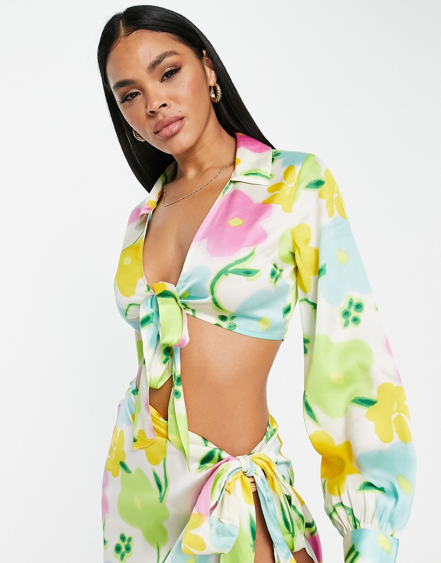ASOS DESIGN tie front satin beach shirt in floral print - part of a set-Multi