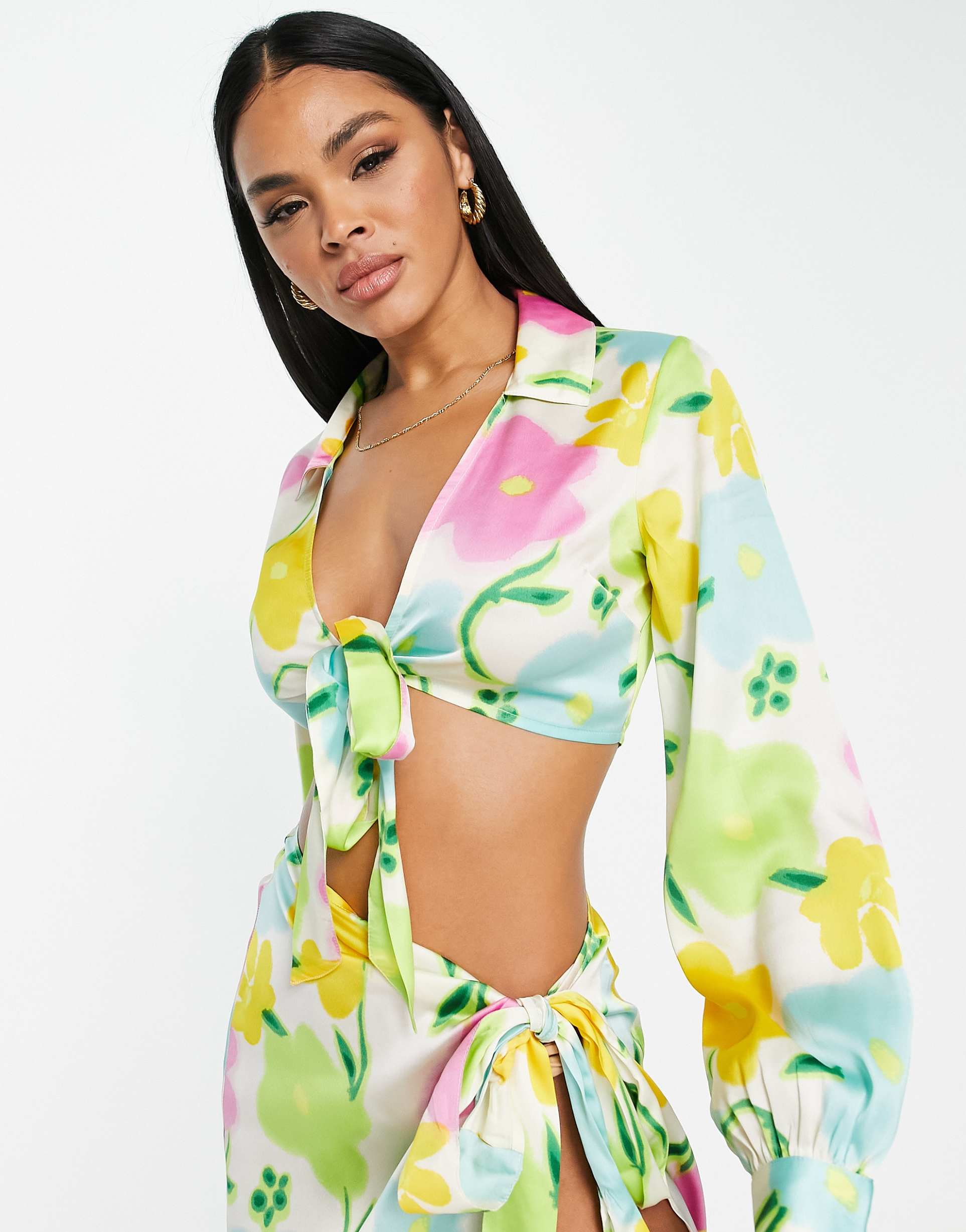 asos design tie front satin beach shirt in floral print - part of a set
