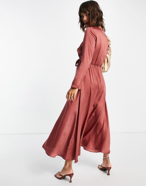 ASOS DESIGN tie front satin midi dress in rust | ASOS