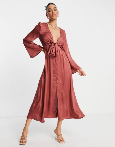 ASOS DESIGN tie front satin midi dress in rust