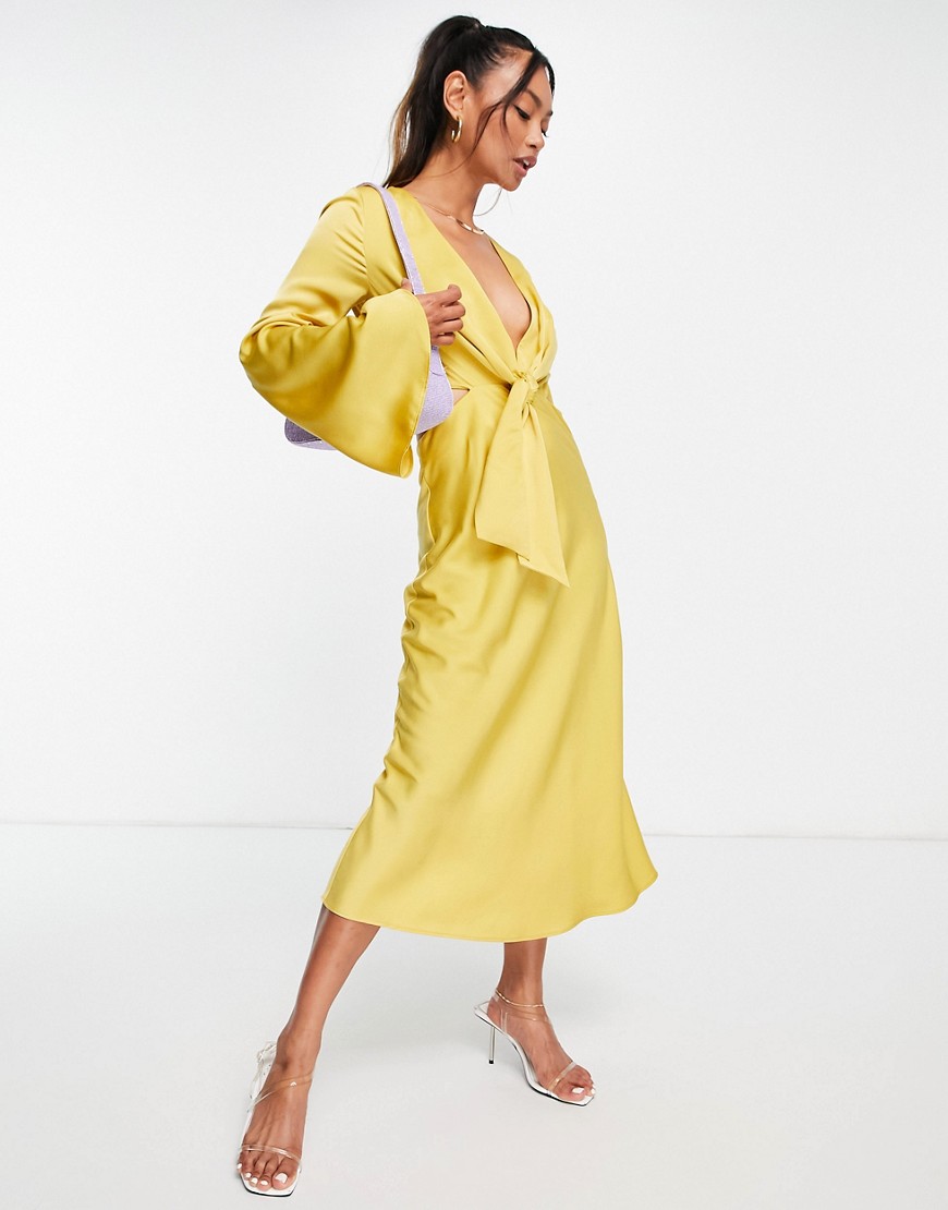 ASOS DESIGN tie front satin midi dress with flared sleeve and cut out side in yellow
