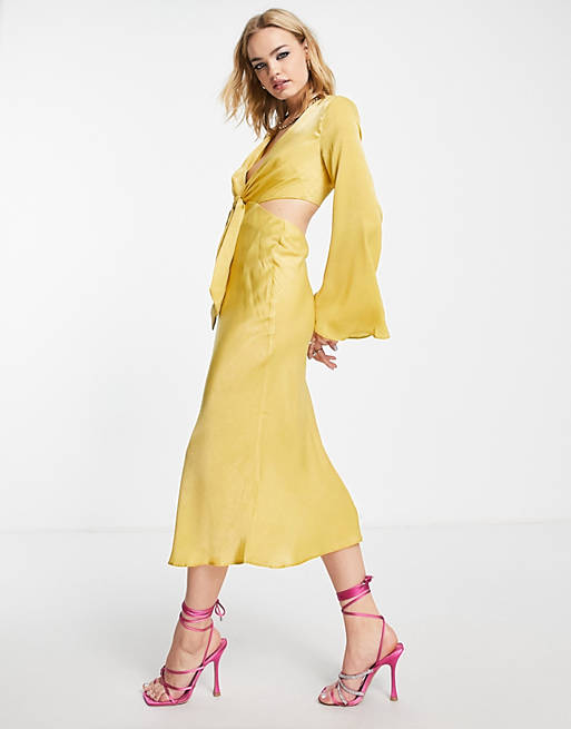  tie front satin midi dress with flared sleeve and cut out side 