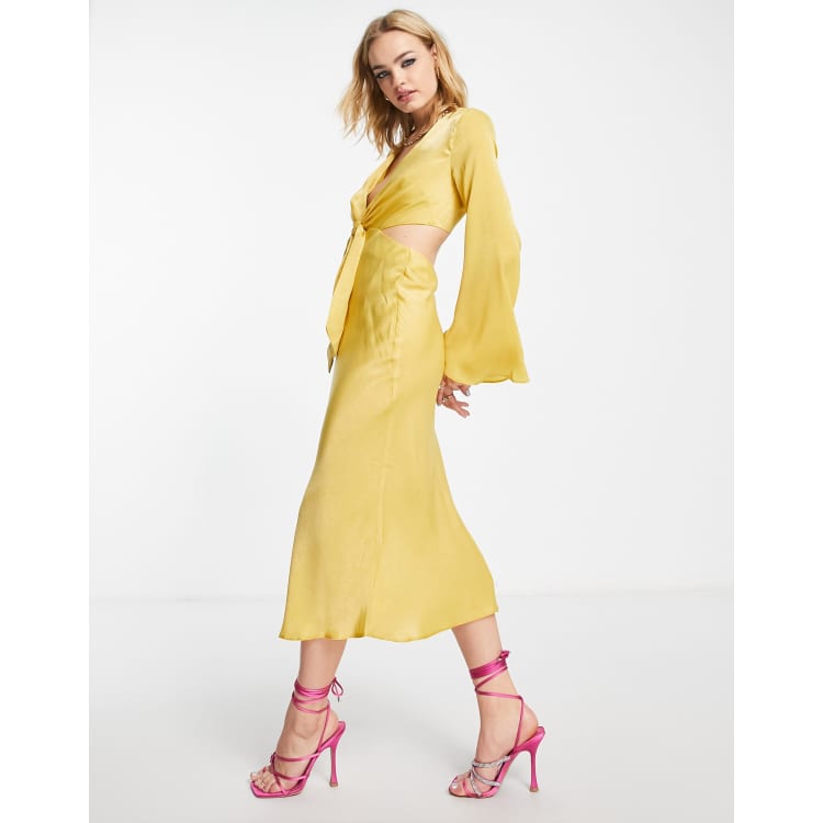 ASOS DESIGN tie front satin midi dress with flared sleeve and cut out side