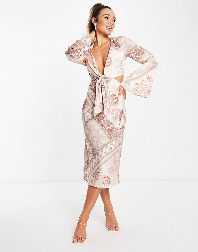 ASOS DESIGN tie front satin midi dress with flared sleeves and cut out side in blush patchwork floral