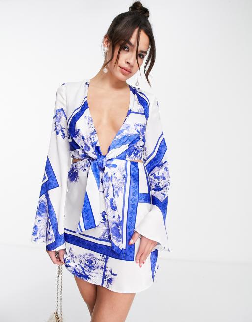 ASOS DESIGN tie front satin mini dress with flared sleeve and cut out side in scarf print