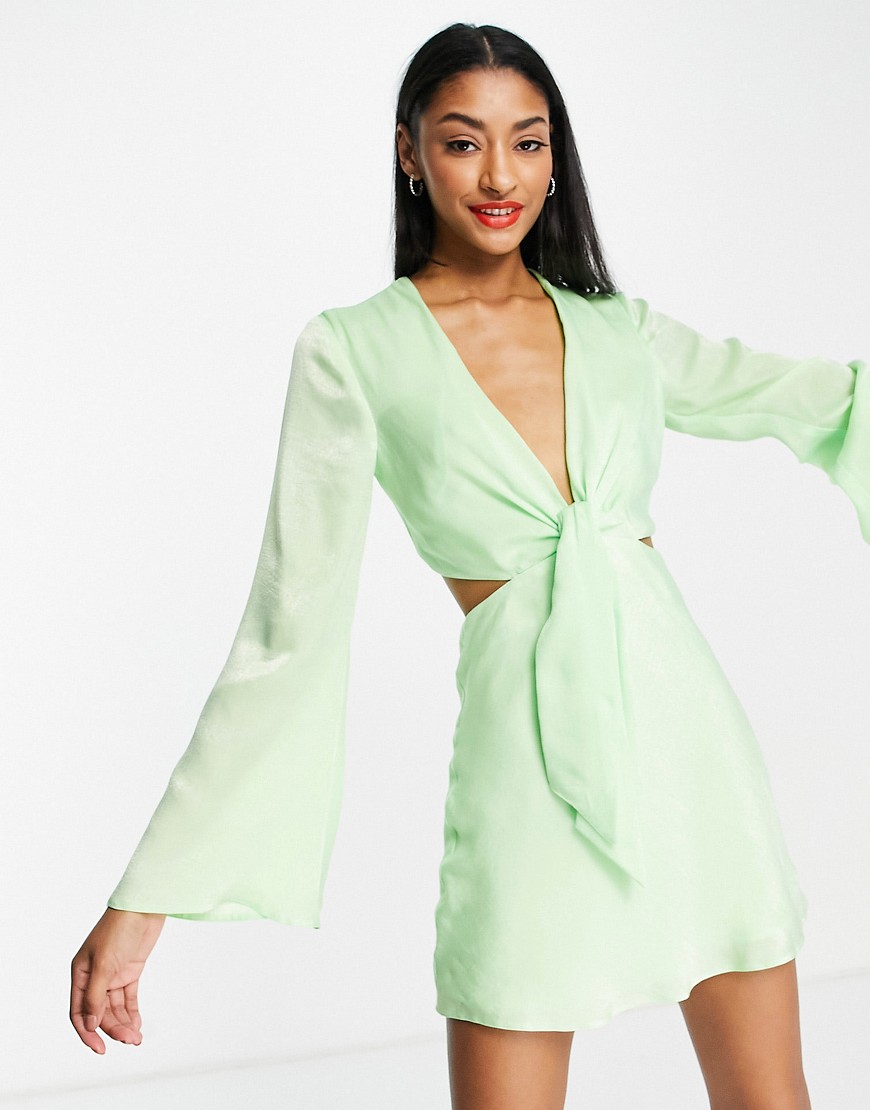 ASOS DESIGN tie front satin mini dress with flared sleeve and cut out side-Green