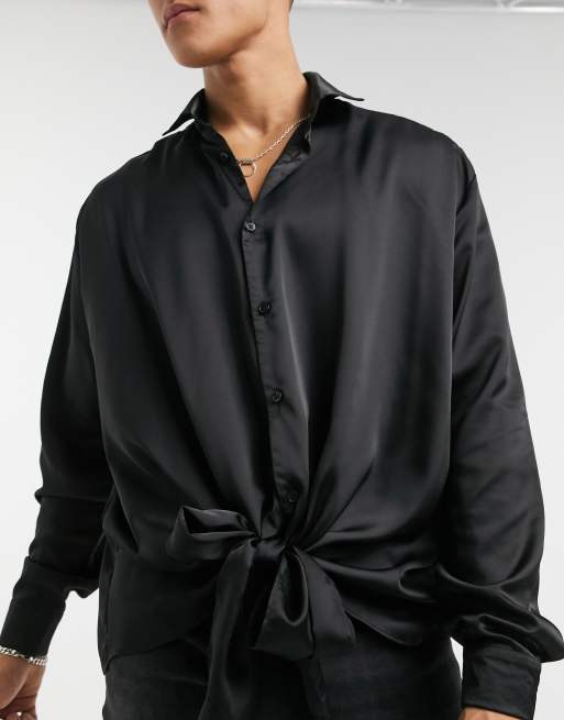 black satin tie front shirt