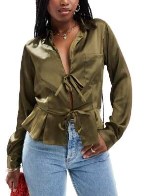 tie front satin shirt in khaki-Green