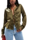 [ASOS DESIGN] ASOS DESIGN tie front satin shirt in khaki-Green 8 khaki
