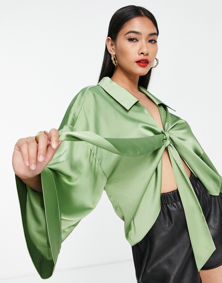 ASOS DESIGN tie front satin shirt with kimono sleeve in khaki-Green