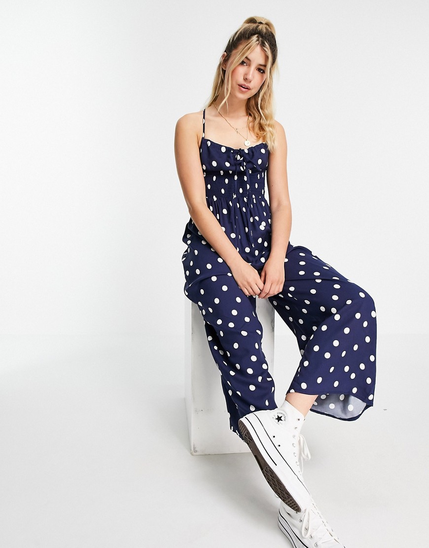 Asos Design Tie Front Shirred Waist Culotte Jumpsuit In Navy & Cream Spot Print-Multi