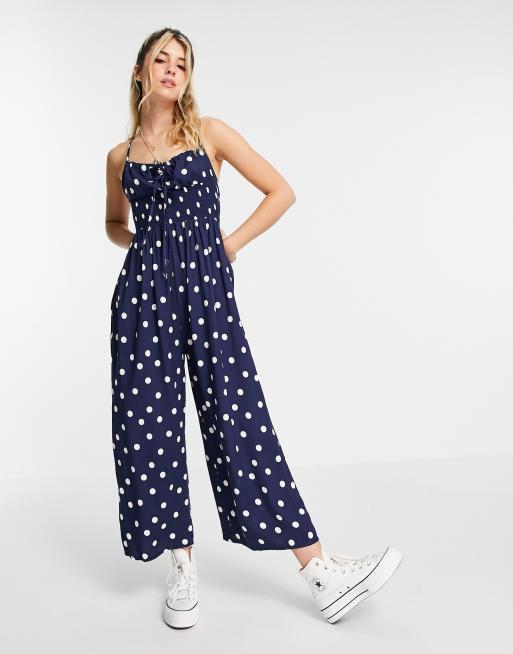 ASOS DESIGN tie front shirred waist culotte jumpsuit in navy
