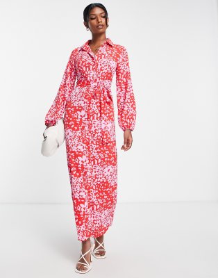 ASOS DESIGN Tie front shirt dress in red daisy print-Multi