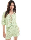 [ASOS DESIGN] ASOS DESIGN tie front shirt in green gingham floral print (part of a set)-Multi M Gingham floral