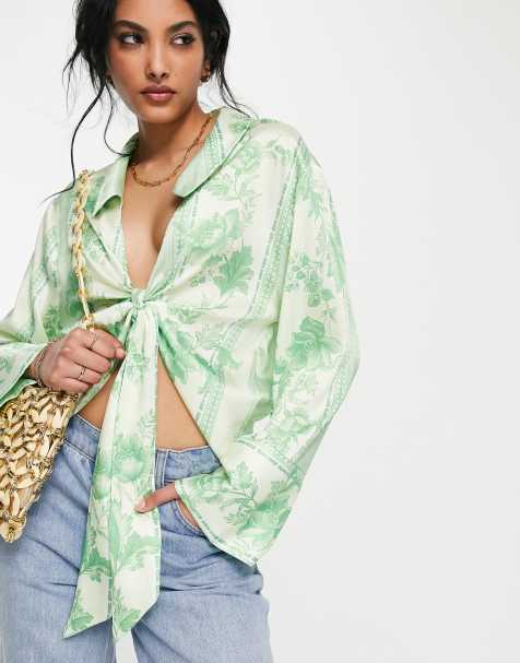 ASOS DESIGN tie front shirt with kimono sleeve in green wallpaper floral print - view 1