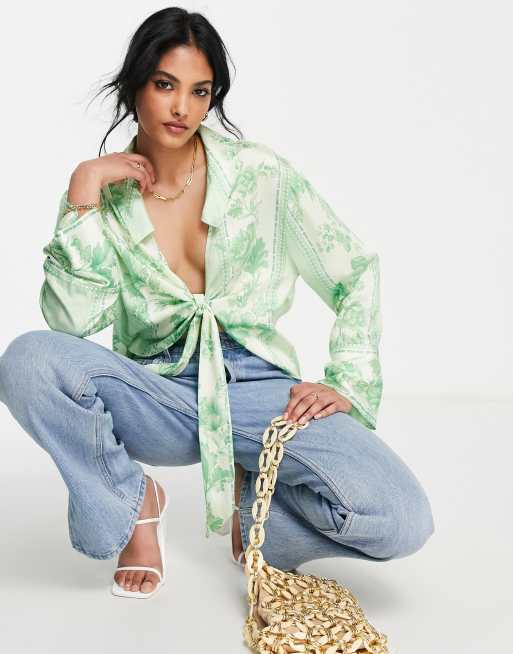 ASOS DESIGN tie front shirt with kimono sleeve in green wallpaper floral print, 3 of 4