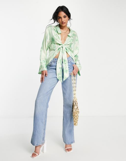 ASOS DESIGN tie front shirt with kimono sleeve in green wallpaper floral print, 4 of 4