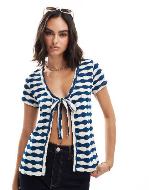 ASOS DESIGN tie front short sleeve cardigan in textured navy stripe - view 1