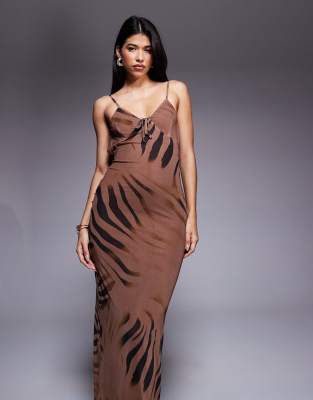 Asos Design Tie Front Skinny Strap Mesh Maxi Dress In Brown