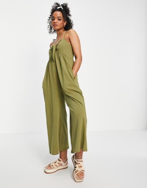 ASOS DESIGN tie front sleeveless swing jumpsuit in khaki | ASOS