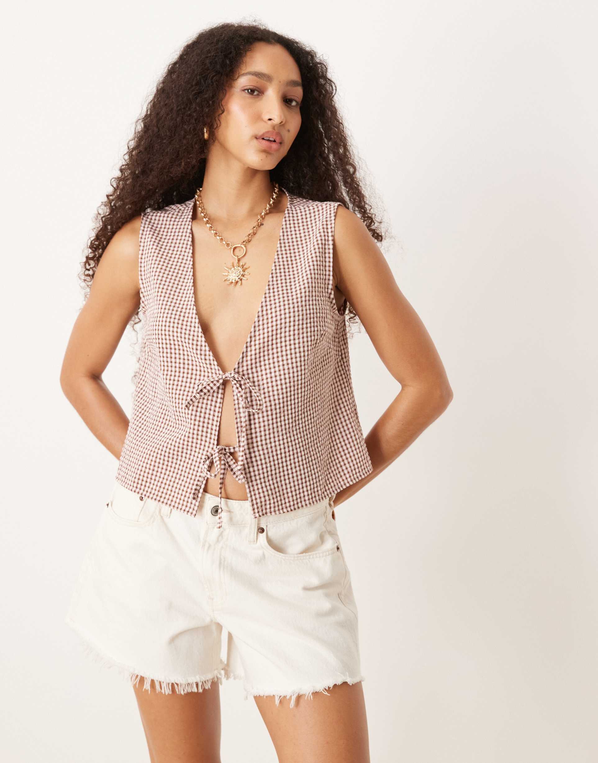 asos design tie front sleeveless top in pink gingham