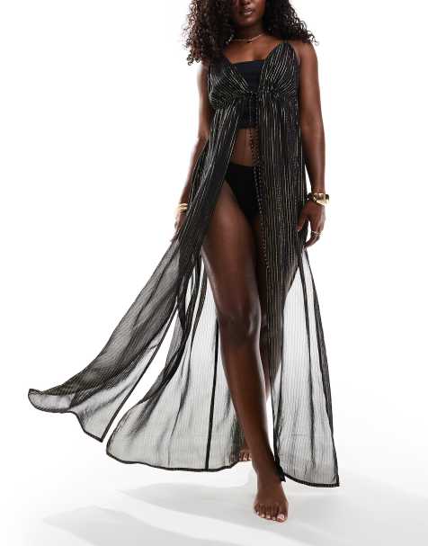 ASOS DESIGN tie front split beach kimono in black - view 1