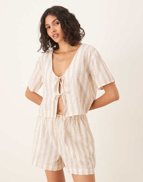 ASOS DESIGN tie front striped top in off-white - part of a set - view 1