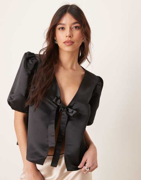 ASOS DESIGN tie front structured satin blouse in black - view 1