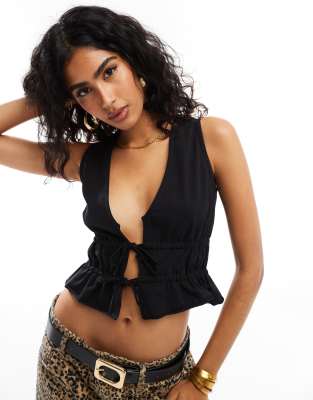 Asos Design Tie Front Sun Top In Black