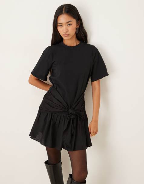 ASOS DESIGN tie front T-shirt mini dress with poplin skirt in black - view 1