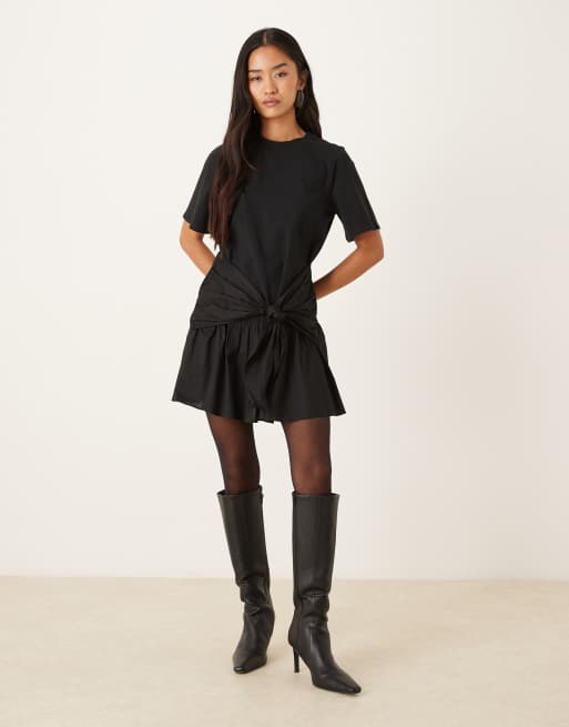 ASOS DESIGN tie front T-shirt mini dress with poplin skirt in black, 3 of 4