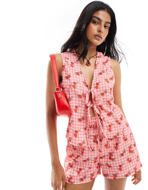 ASOS DESIGN tie front tank top in floral gingham print - part of a set