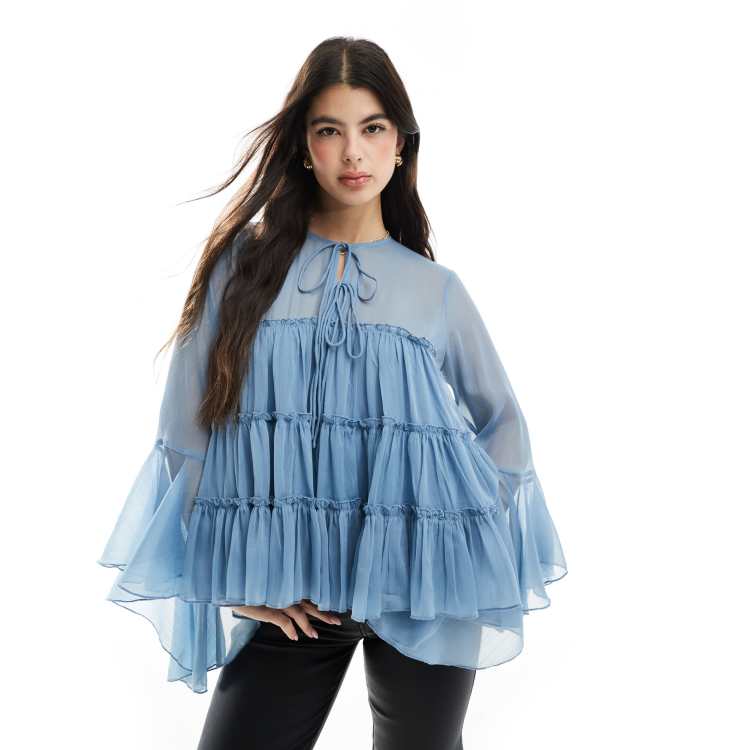 【Audire】ruffle sleeve blouse (Blue)/M Audire ruffle sleeve blouse (Blue)
