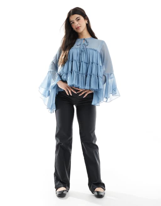ASOS DESIGN tie front tiered blouse with ruffle cuffs in blue