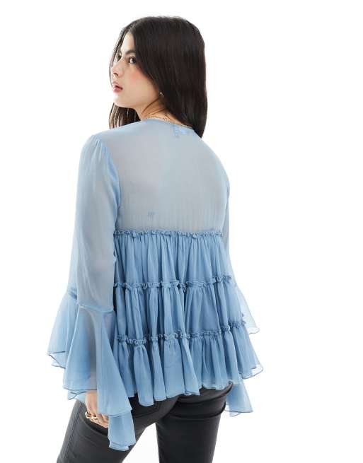 ASOS DESIGN tie front tiered blouse with ruffle cuffs in blue