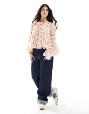 ASOS DESIGN TIE FRONT TIERED BLOUSE WITH RUFFLE CUFFS 