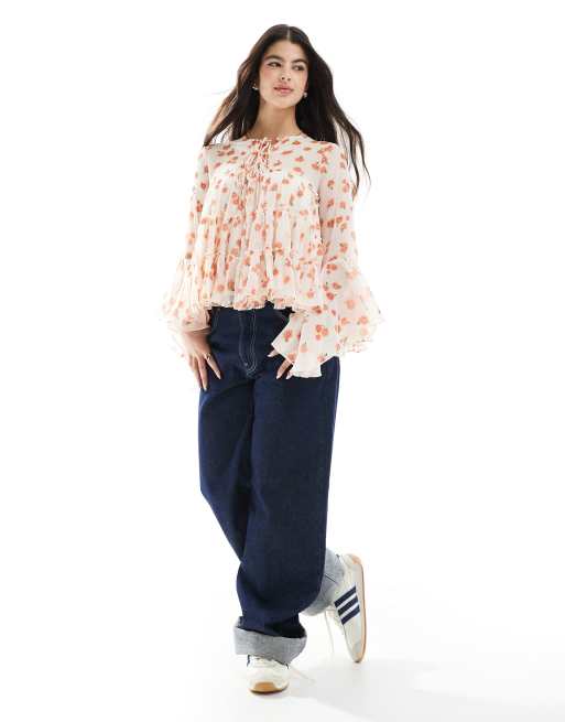ASOS DESIGN tie front tiered blouse with ruffle cuffs in floral print
